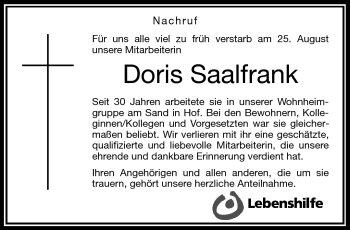 Traueranzeige von Doris Saalfrank von Frankenpost