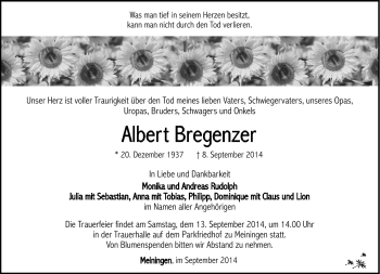 Traueranzeige von Albert Bregenzer von Südthüringer Presse