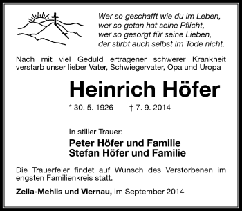 Traueranzeige von Heinrich Höfer von Südthüringer Presse