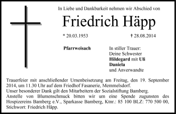 Traueranzeige von Friedrich Häpp von Neue Presse Coburg