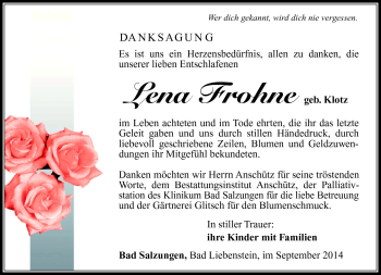 Traueranzeige von Lena Frohne von Südthüringer Presse