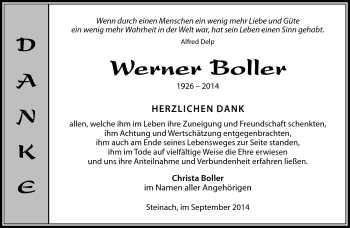 Traueranzeige von WErner Boller von Südthüringer Presse