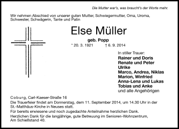 Traueranzeige von Else Müller von Neue Presse Coburg