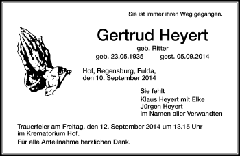 Traueranzeige von Gertrud Heyert von Frankenpost