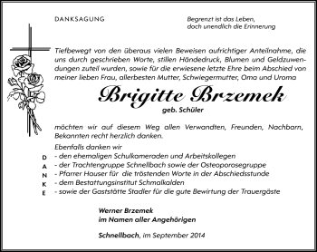Traueranzeige von Brigitte Brzemek von Südthüringer Presse