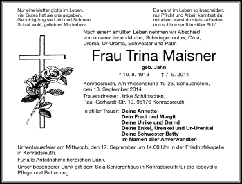 Traueranzeige von Trina Maisner von Frankenpost