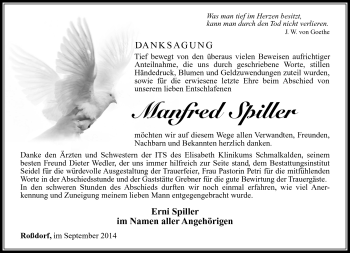 Traueranzeige von Manfred Spiller von Südthüringer Presse