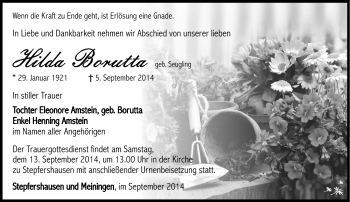 Traueranzeige von Hilda Borutta von Südthüringer Presse