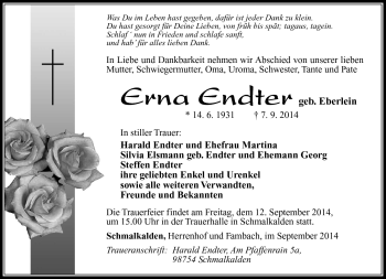 Traueranzeige von Erna Endter von Südthüringer Presse