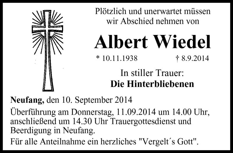  Traueranzeige für Albert Wiedel vom 10.09.2014 aus Neue Presse Coburg