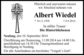 Traueranzeige von Albert Wiedel von Neue Presse Coburg