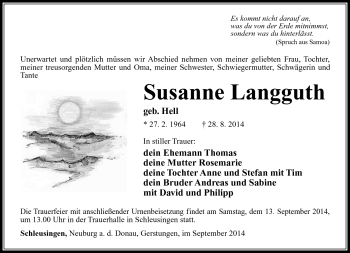 Traueranzeige von Susanne Langguth von Südthüringer Presse