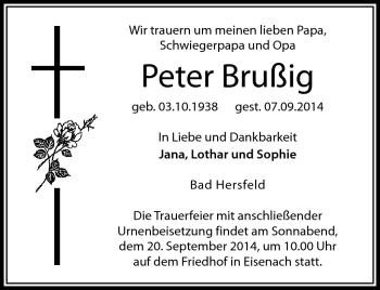 Traueranzeige von Peter Brußig von Südthüringer Presse