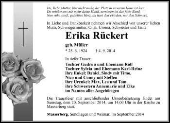 Traueranzeige von ERika Rückert von Südthüringer Presse