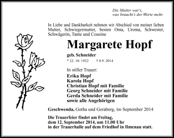 Traueranzeige von Margarete Hopf von Südthüringer Presse
