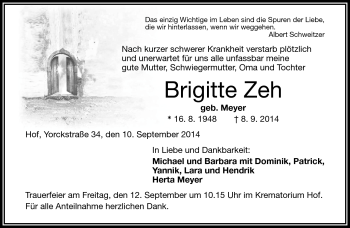 Traueranzeige von Brigitte Zeh von Frankenpost