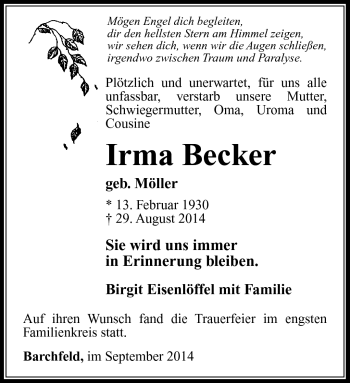 Traueranzeige von Irma Becker von Südthüringer Presse