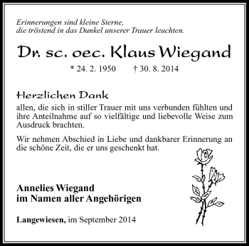 Traueranzeige von Klaus Wiegand von Südthüringer Presse