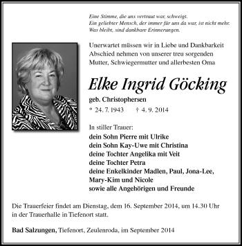 Traueranzeige von Elke Ingrid Göcking von Südthüringer Presse