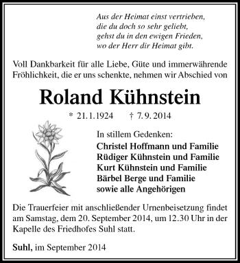 Traueranzeige von Roland Kühnstein von Südthüringer Presse