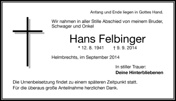 Traueranzeige von Hans Felbinger von Frankenpost