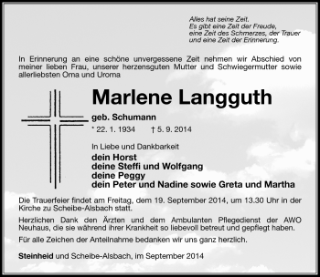 Traueranzeige von Marlene Langguth von Südthüringer Presse