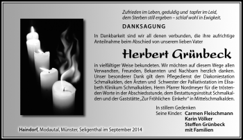 Traueranzeige von herbert Grünbeck von Südthüringer Presse
