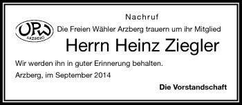 Traueranzeige von Heinz Ziegler von Frankenpost
