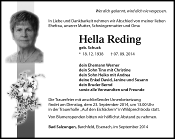 Traueranzeige von Hella Reding von Südthüringer Presse