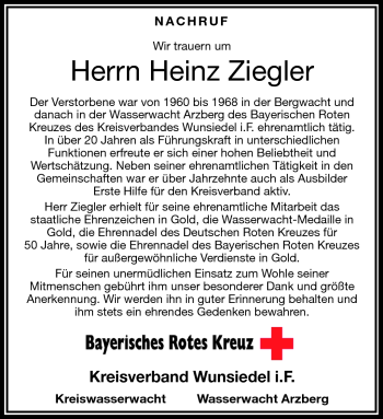 Traueranzeige von Heinz Ziegler von Frankenpost