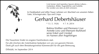 Traueranzeige von Gerhard Debertshäuser von Südthüringer Presse