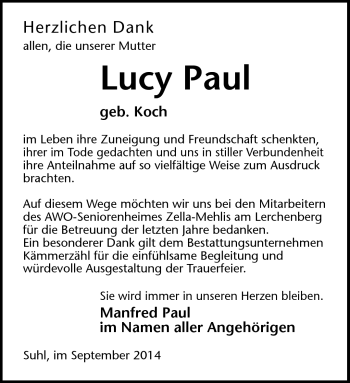 Traueranzeige von Lucy Paul von Südthüringer Presse