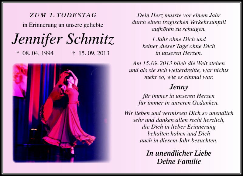  Traueranzeige für Jennifer Schmitz vom 15.09.2014 aus Südthüringer Presse