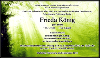 Traueranzeige von Frieda König von Südthüringer Presse
