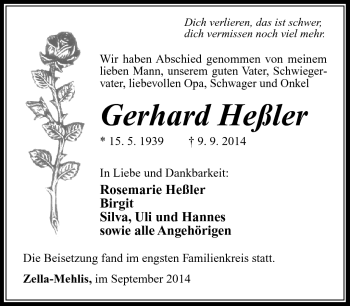 Traueranzeige von Gerhard Heßler von Südthüringer Presse