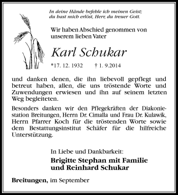 Traueranzeige von Karl Schukar von Südthüringer Presse