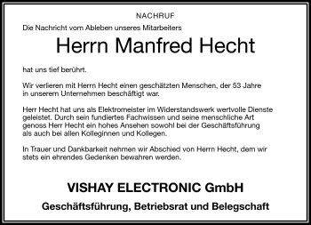 Traueranzeige von Manfred Hecht von Frankenpost