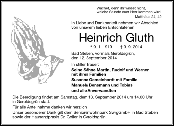 Traueranzeige von Heinrich Gluth von Frankenpost