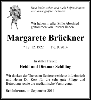 Traueranzeige von Margarete Brückner von Südthüringer Presse