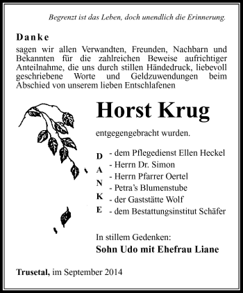 Traueranzeige von Horst Krug von Südthüringer Presse