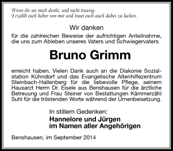 Traueranzeige von Bruno Grimm von Südthüringer Presse