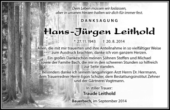 Traueranzeige von Hans-Jürgen Leithold von Südthüringer Presse