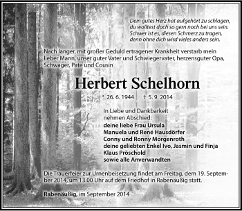 Traueranzeige von Herbert Schelhorn von Südthüringer Presse