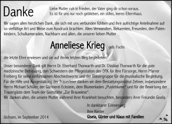 Traueranzeige von Anneliese Krieg von Südthüringer Presse