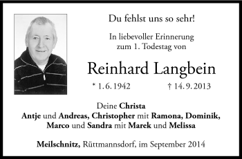 Traueranzeige von Reinhard Langbein von Neue Presse Coburg