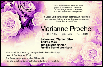 Traueranzeige von Marianne Procher von Neue Presse Coburg