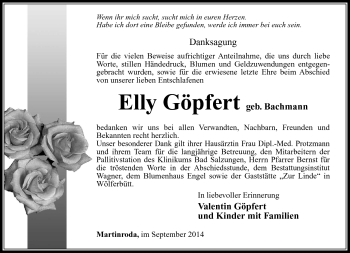 Traueranzeige von Elly Göpfert von Südthüringer Presse