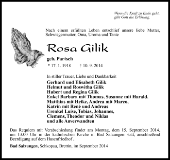 Traueranzeige von Rosa Gilik von Südthüringer Presse
