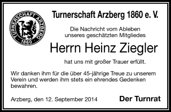 Traueranzeige von Heinz Ziegler von Frankenpost
