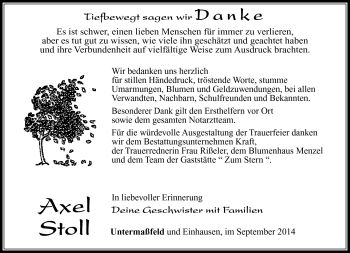 Traueranzeige von Axel Stoll von Südthüringer Presse